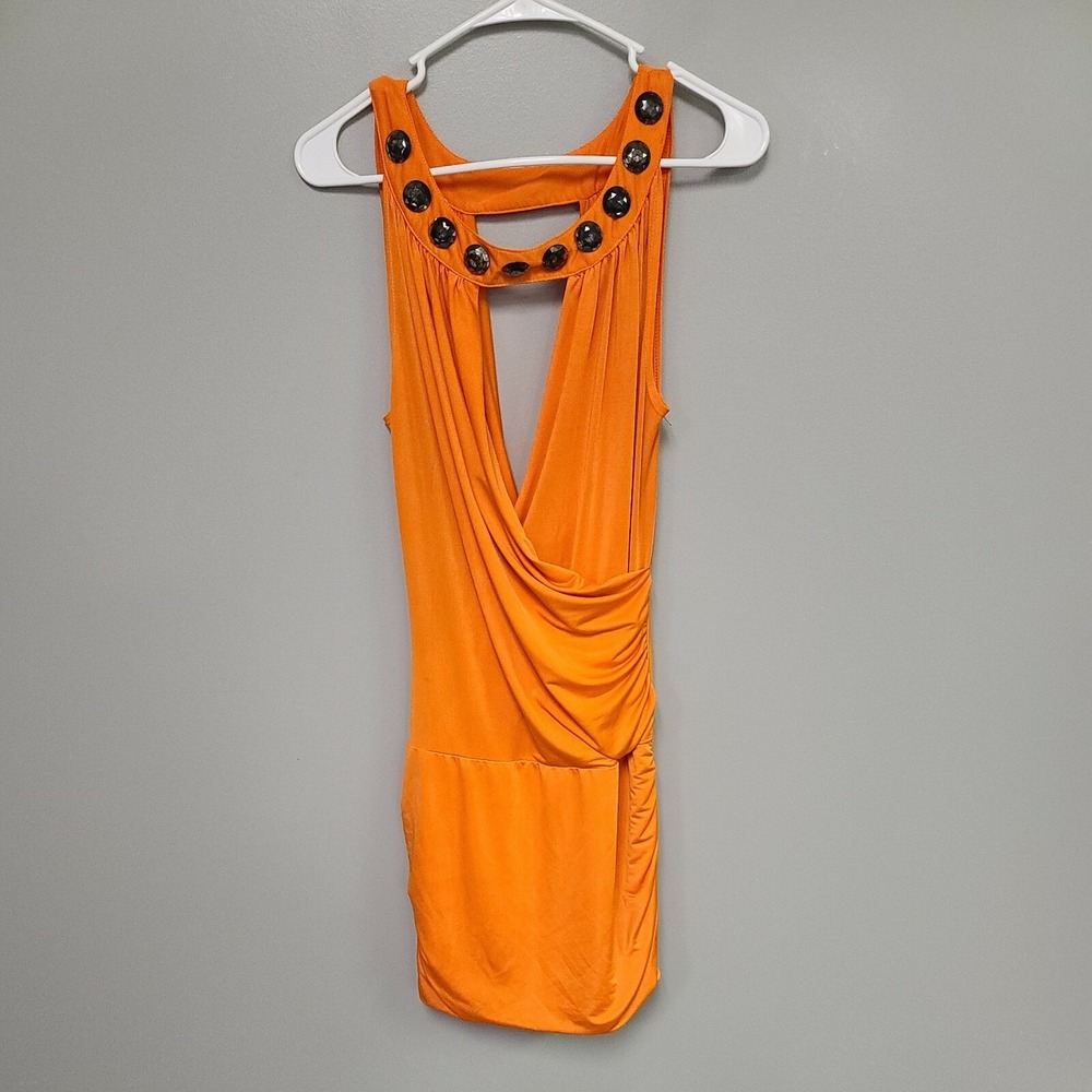 CARMIN LOS ANGELES OARNGE SKINNY WRAP DRESS EMBELLISHMENTS ON NECK LINE SMALL